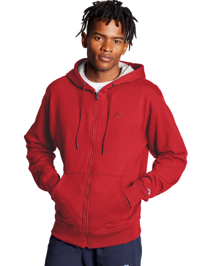 Champion Mens Hoodie NZ - Powerblend Fleece Full Zip C Logo Red ( 5691-WIXFE )